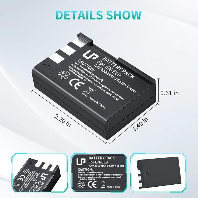 EN-EL9 EN EL9a Battery Pack, LP 2-Pack 2000mAh Rechargeable Li-Ion Battery Set