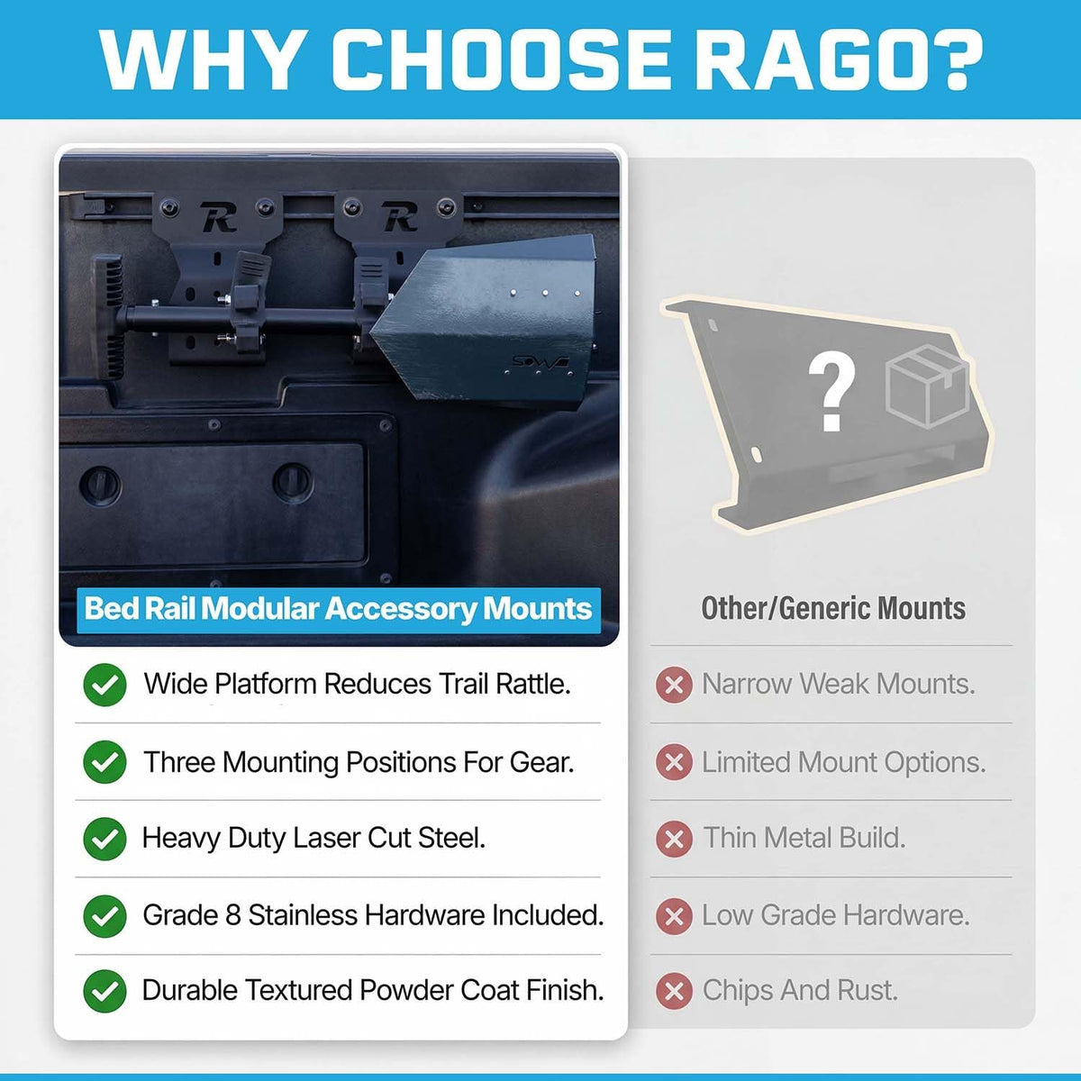Rago Truck Bed Storage Brackets for Shovels Mount for Toyota Tacoma Pair | & Gear Tacoma Bed Rail Accessories Modular Bed Rail, No-Drill Installation