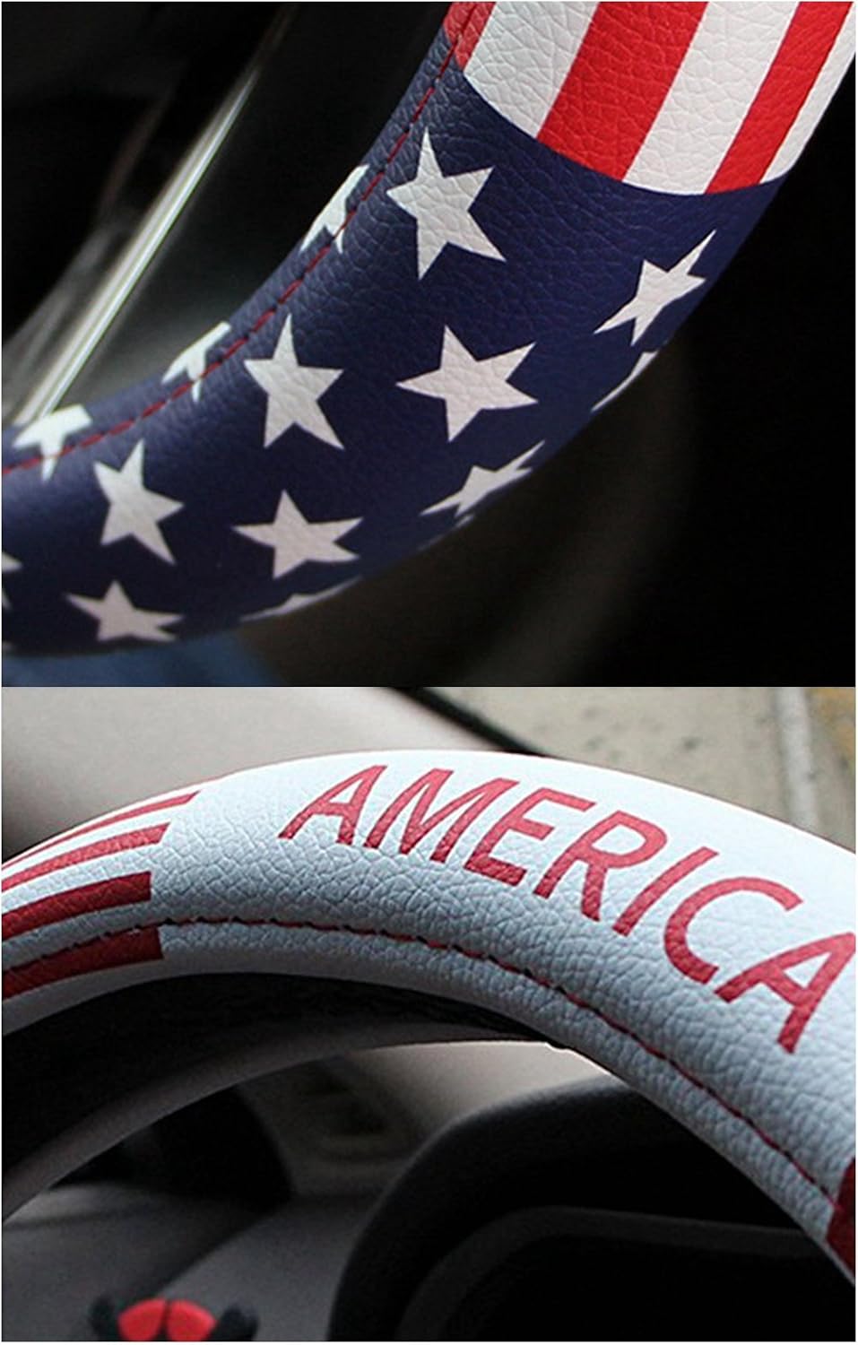 Dotesy Leather Auto Steering Wheel Cover, Fashion Flag Style Car Steering Wheel Cover Protector Universal for 36.5-38cm (American Flag)