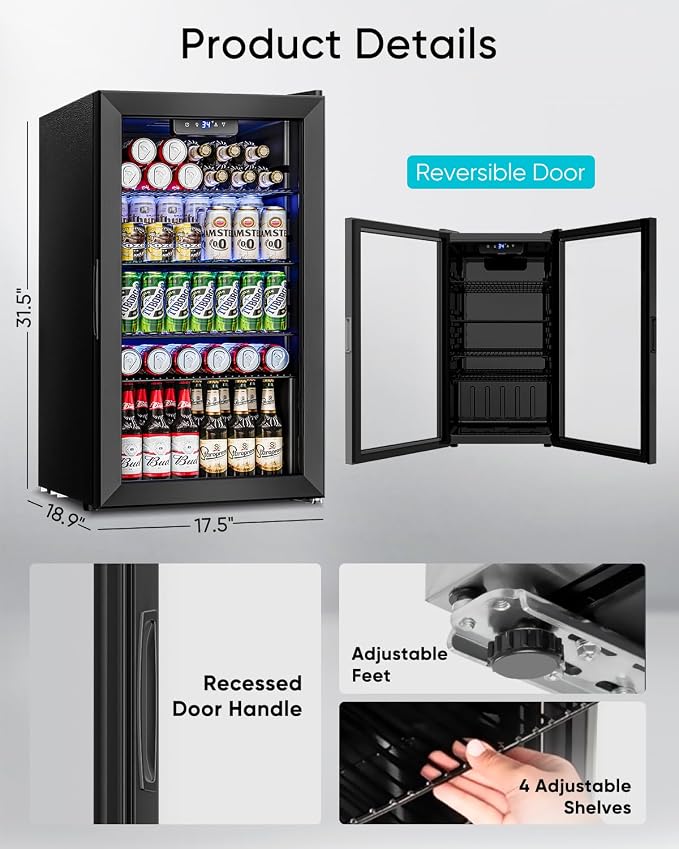 Feelfunn 3.2 Cu.Ft Mini Fridge with Glass Door - 126 Can Beverage Refrigerator Cooler for Drink Beer Wine Soda, Small Fridge for Bedroom Office Bar Dorm, 4 Adjustable Shelves, Black