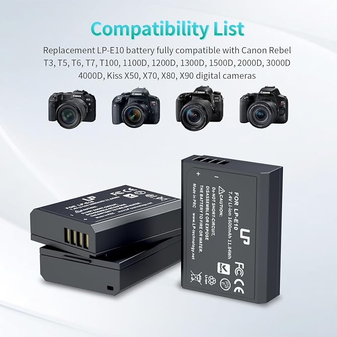 LP LP-E10 Battery Charger Pack, Triple Slot Charger, USB Battery Charger