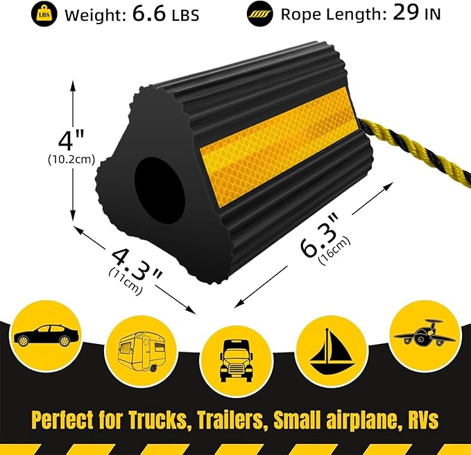 HOXWELL Wheel Chocks (2pair/4pack with Rope) for RV Trailer Camper Truck Car Aircraft, Versatile Heavy Duty Rubber Wheel Chocks Block with 3 Reflective Strips, Tire Wheel Immobilizers & Chocks