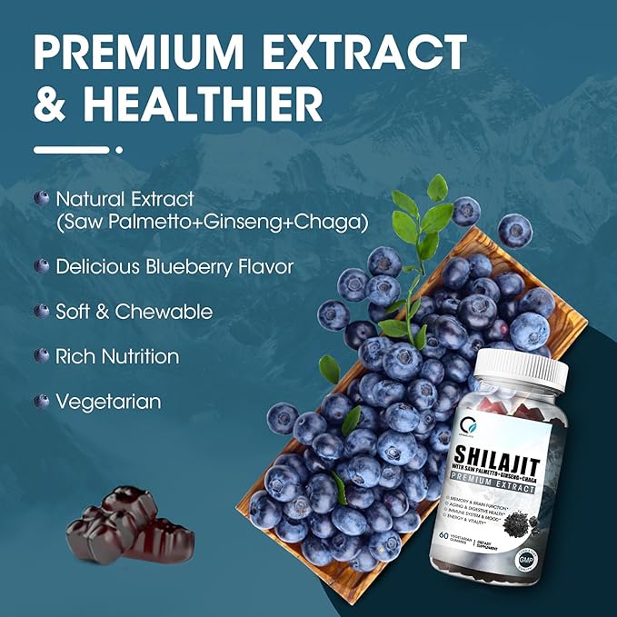 Himalayan Shilajit Gummies with 85+ Trace Minerals & Fulvic Acid for Energy, Immune, Cognitive Support High Potency Pure Natural Shilajit Supplement for Men & Women 60 Gummies (1 Pack)