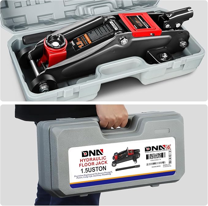 DNA Motoring 1.5 Ton Car Floor Jack Low Profile Hydraulic Trolley Service/Floor Jack, 1.5T / 3000 lbs Capacity, Lifting Range 5.3 Inch -12 Inch, with Storage Case, Black, TOOLS-00327-BK