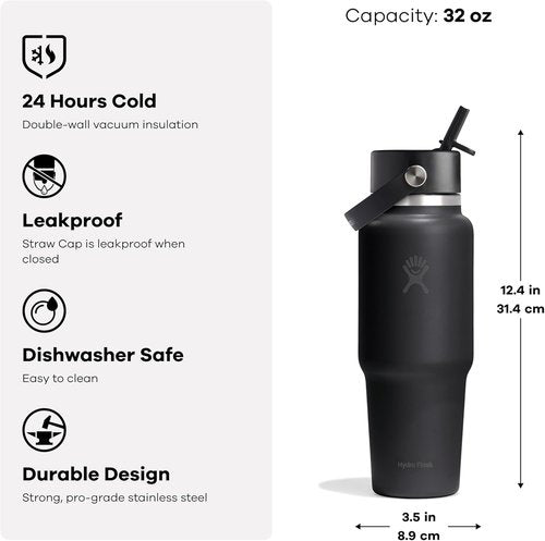 Hydro Flask Travel Water Bottle - Insulated Stainless Steel - 32 Oz Popstar Pink with Wide Straw Lid