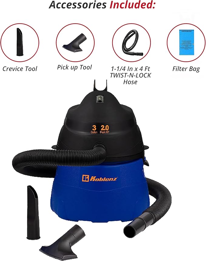 Koblenz WD-353L Portable Wet-Dry Vacuum Cleaner, 3 Gallon Tank, 2.0 HP Vacuum Cleaner with Several Accessories, 5 Year Warranty, Blue/Black
