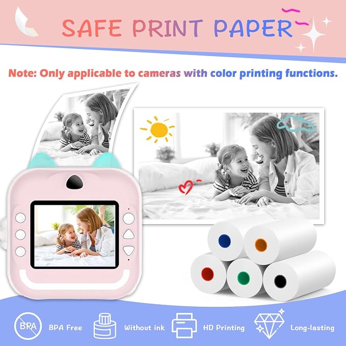 10 Rolls MIARALA 5 Vibrant Single-Color Kids Camera Paper Roll Refill, HD Paper