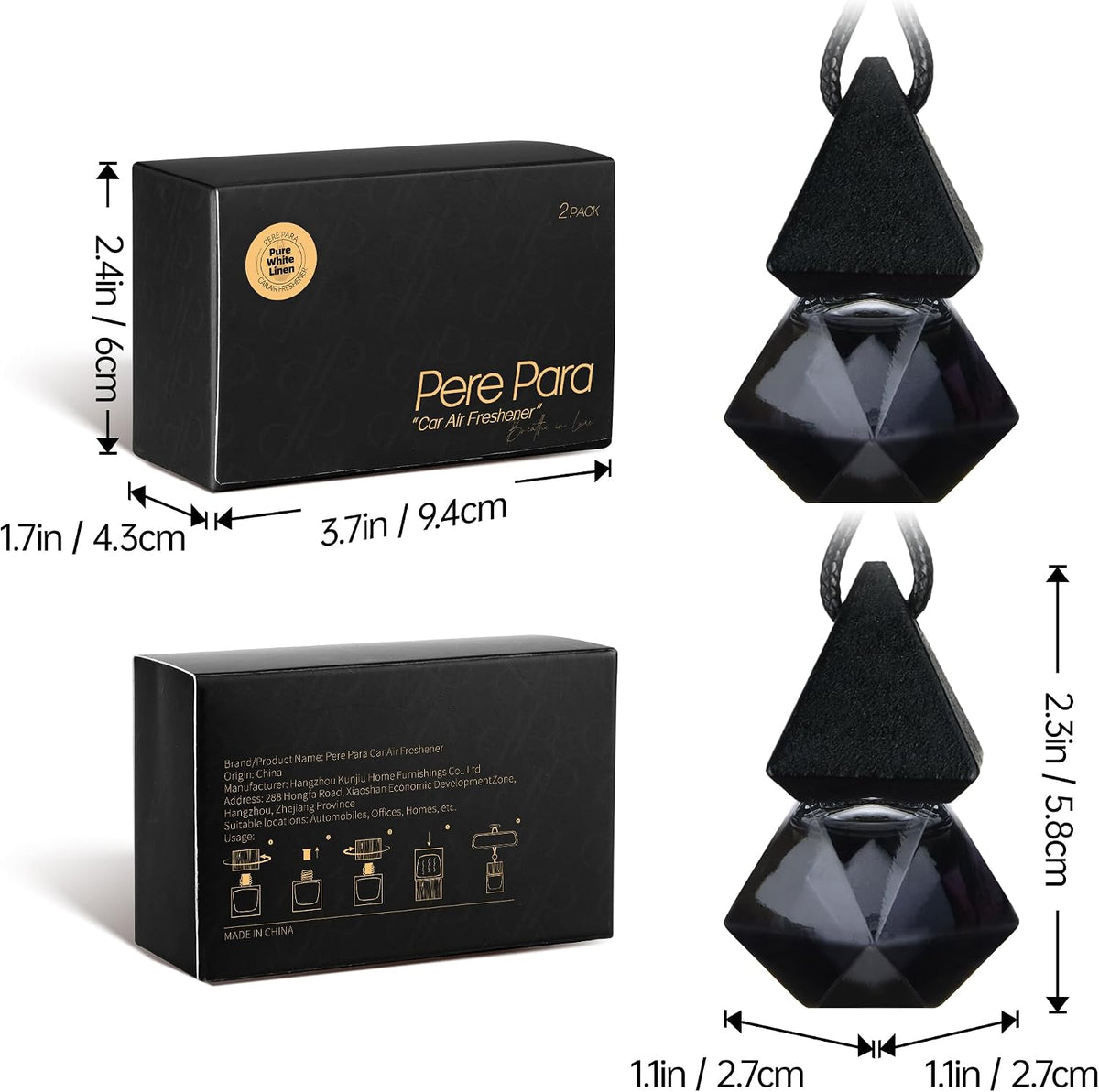 Luxury Perfume Scented Car Air Freshener - Hanging Essential Oil Diffuser with 90-Day Long-Lasting Fragrance, Premium Gift for Women(Pure white linen Scent, 2 x 8ml)