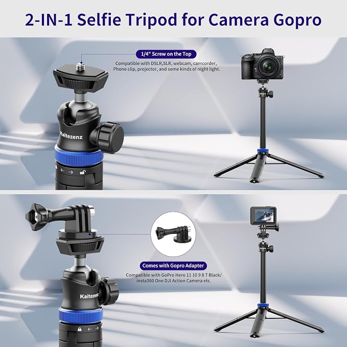 Kaitezenz Selfie Stick Tripod for Gopro Camera, Portable Lightweight Camera