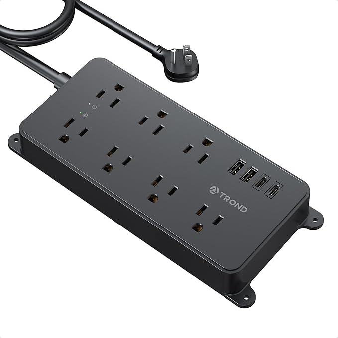 TROND Power Strip Surge Protector 10ft, ETL Listed, Flat Plug Extension Cord with 2 USB-A & 2 USB-C, Wall Mountable, 7 Widely-Spaced Outlets, 1700J, for Home Office Garage, Black