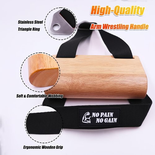 Ergonomic Arm Wrestling Handle with Wooden Grip, Wrist & Forearm Strength Training Attachment for Cable Machines (Black)