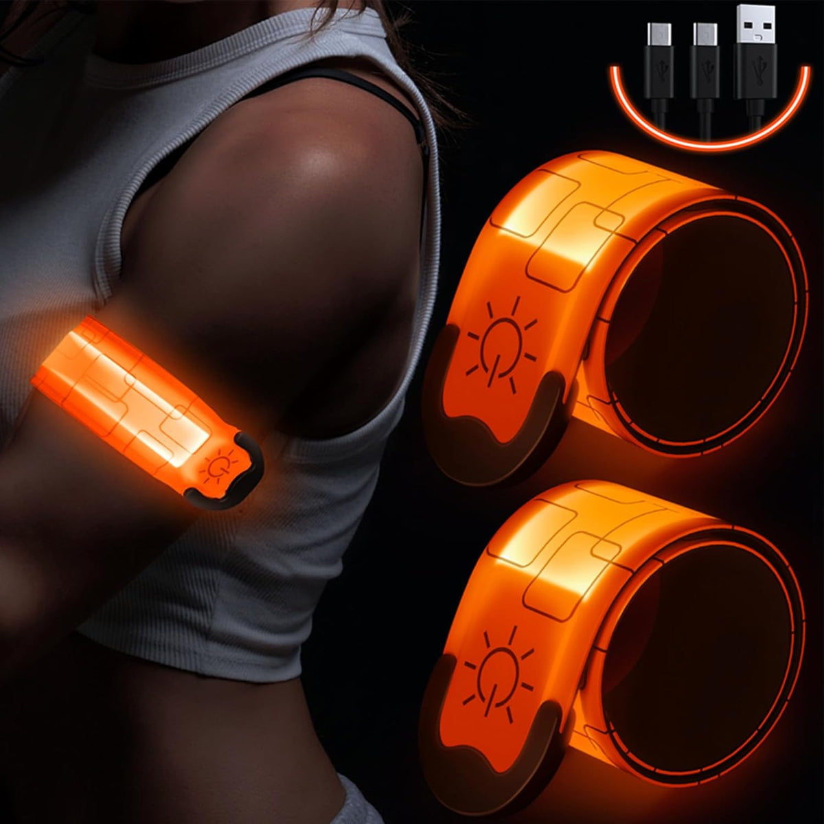 Simket LED Armband - Rechargeable Running Lights for High Visibility | 2-Pack Adjustable Arm Bands for Men, Women & Kids