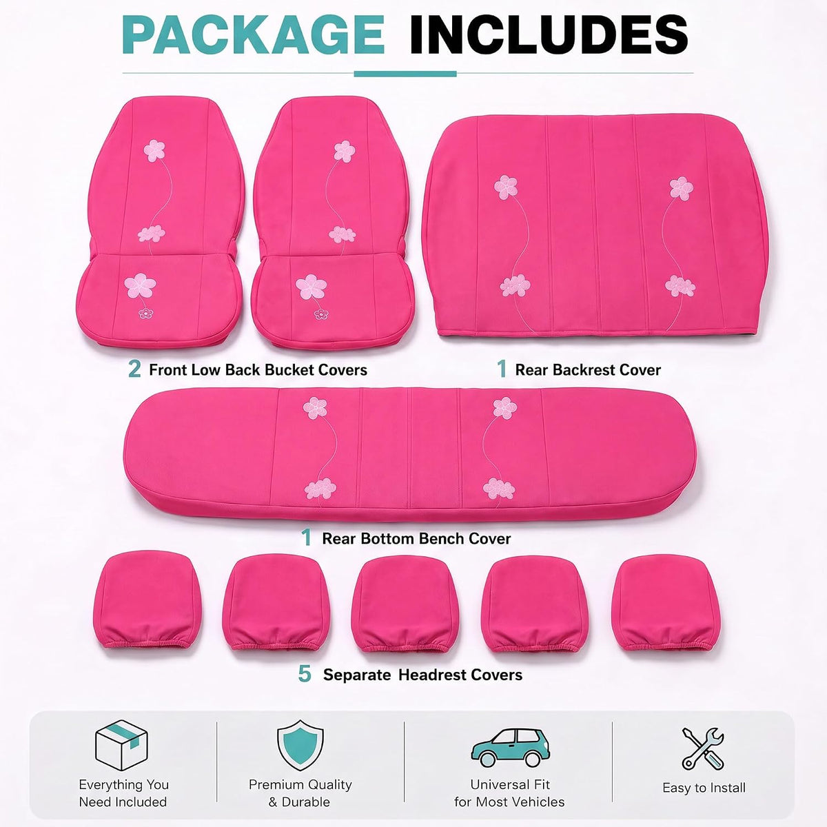 FH Group Full Set Cloth Car Seat Covers - Low Back Front Seat Covers, Universal Fit, Airbag Compatible, Split Bench Rear Seat, Washable Seat Cover for SUV, Sedan, Van, Pink
