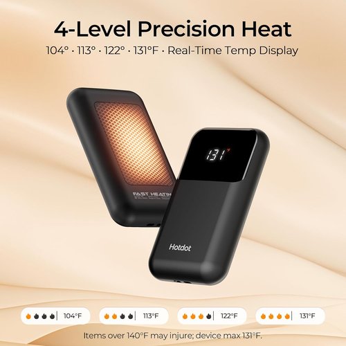 Hotdot Rechargeable Hand Warmers - 4 Heat Levels (104–131°F) with Real-Time Temp Display | Portable & Fast Heating Gift for Men & Women
