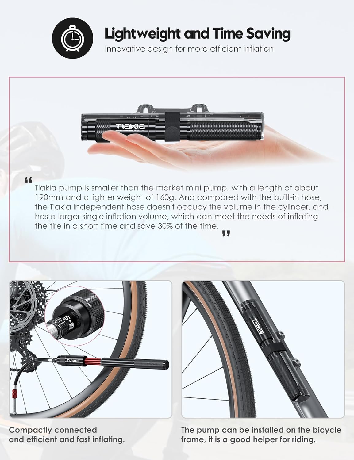 Tiakia Mini Bike Pump - Portable 260PSI High-Pressure Air Hand Pump for Presta & Schrader Valves | Aluminum Alloy Tire Pump for Road & Mountain Bikes