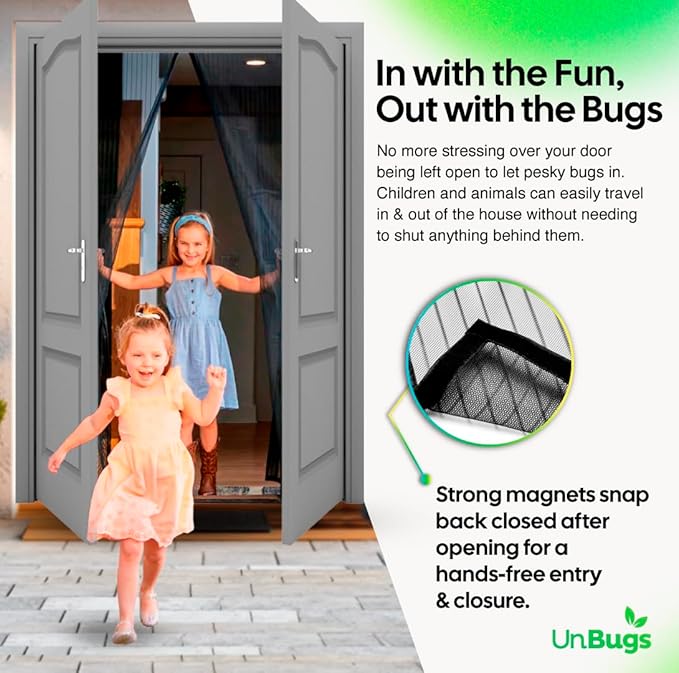 UnBugs Magnetic Screen Door - Fits French Door & Double Doors up to 50 x 82 Inches MAX - Pet & Kid Friendly, Self-Closing - Hands Free Magnet Closure Keeps Bugs Out & Breeze in