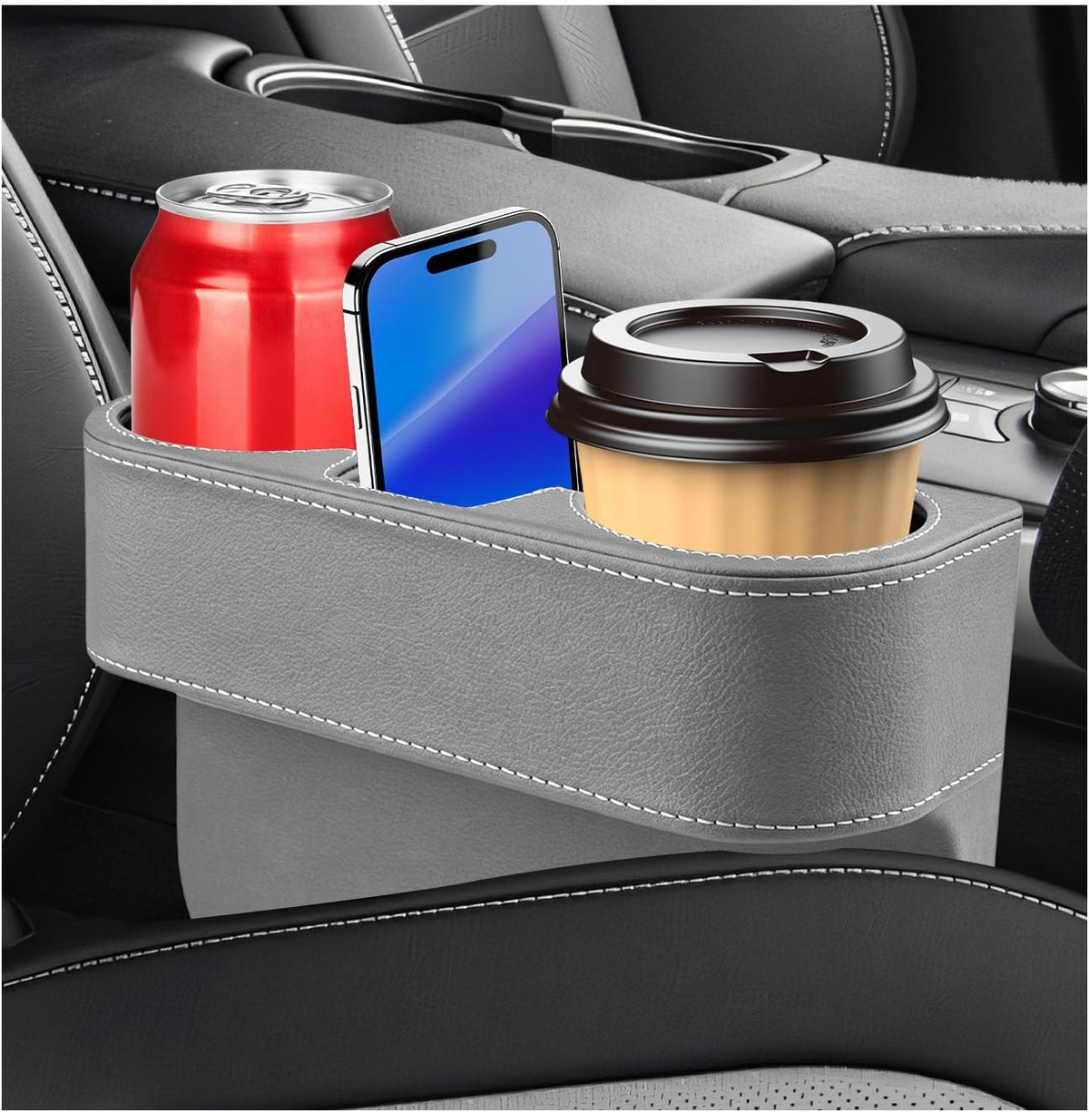 Car Cup Holder Gap Filler Organizer, Multifunctional Car Console Side Organizer with 2 Cup Holders, Leather Seat Gap Filler Portable Drink Holders Storage Box for Most Vehicles (Black)