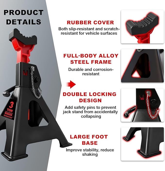 3 Ton (6,600 LBs) Jack Stands with Double Pin Locking,Rubber Cover and Large Foot Base,11"-17" Adjustable Height,Heavy Duty Car Jack Stands,Lifting SUV,MPV,Pickup Truck,ATV/UTV,1 Pair