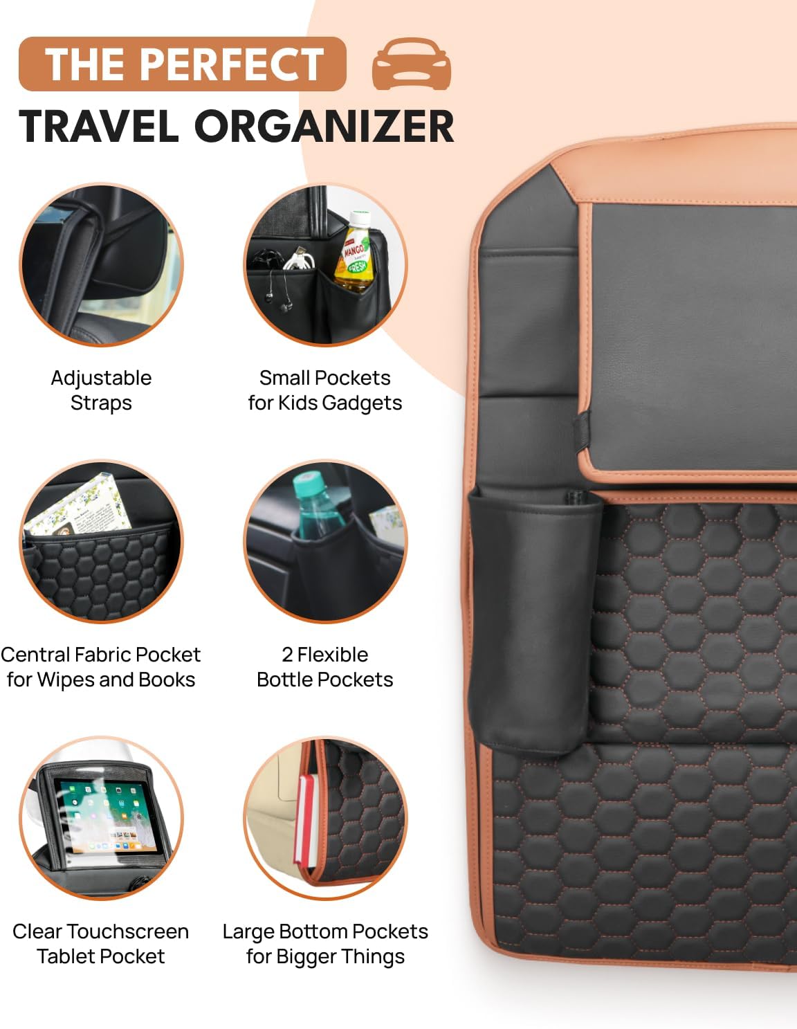 Owleys Over the Car Seat Organizer and Kick Mat Set, 2 Pc, Black/Tan