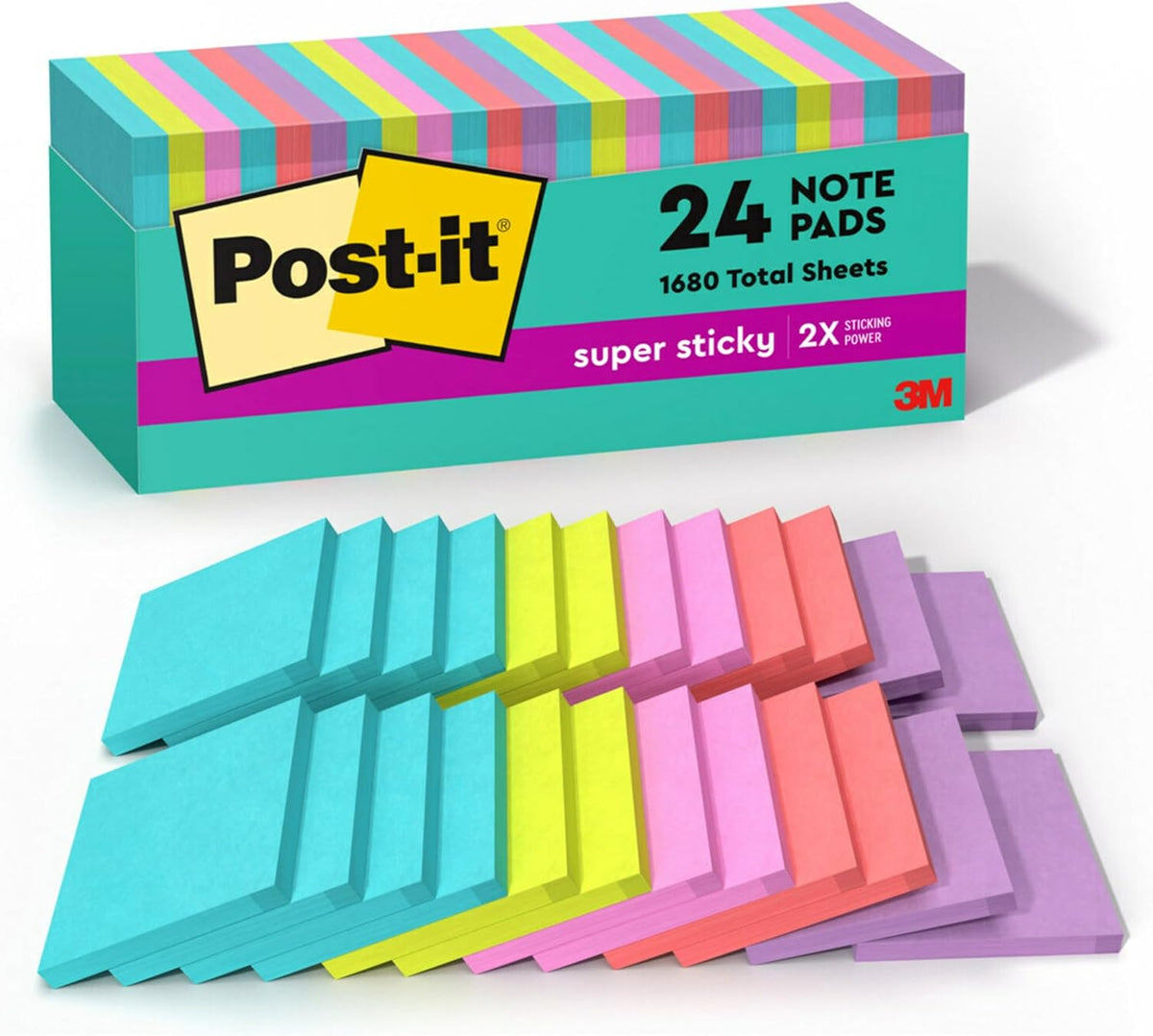 Post-it Super Sticky Notes - 24 Pads, 3x3 In. | Supernova Neons Collection with 2X Sticking Power