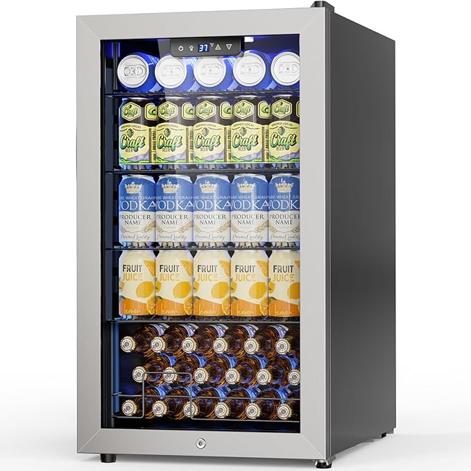 Velivi Mini Beverage Refrigerator 3.2 Cu. Ft Small Fridge 126 Can Lockable Drink Cooler with Glass Door, Safety Lock, For Beer Soda, Silver | Small Fridge 126 Can Lockable Drink Cooler with Glass Door, For Beer Soda, Silver