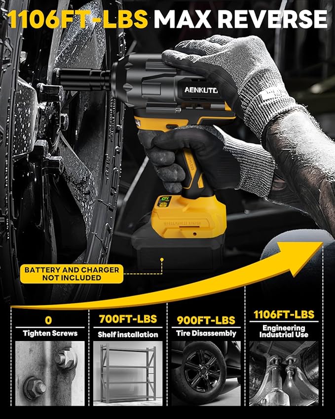 Cordless Impact Wrench for DeWALT 20V MAX Battery,1500Nm (1106 Ft-Lbs) 1/2" Brushless Impact Gun, LED Work Light, 3-Speed High Torque Power Tool for Tire Removal, Rusted Bolts (No Battery)