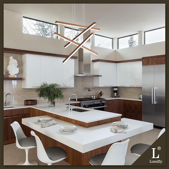 LED Linear Pendant Light for Dining Room Wood Grain Finish 4 Light LED
