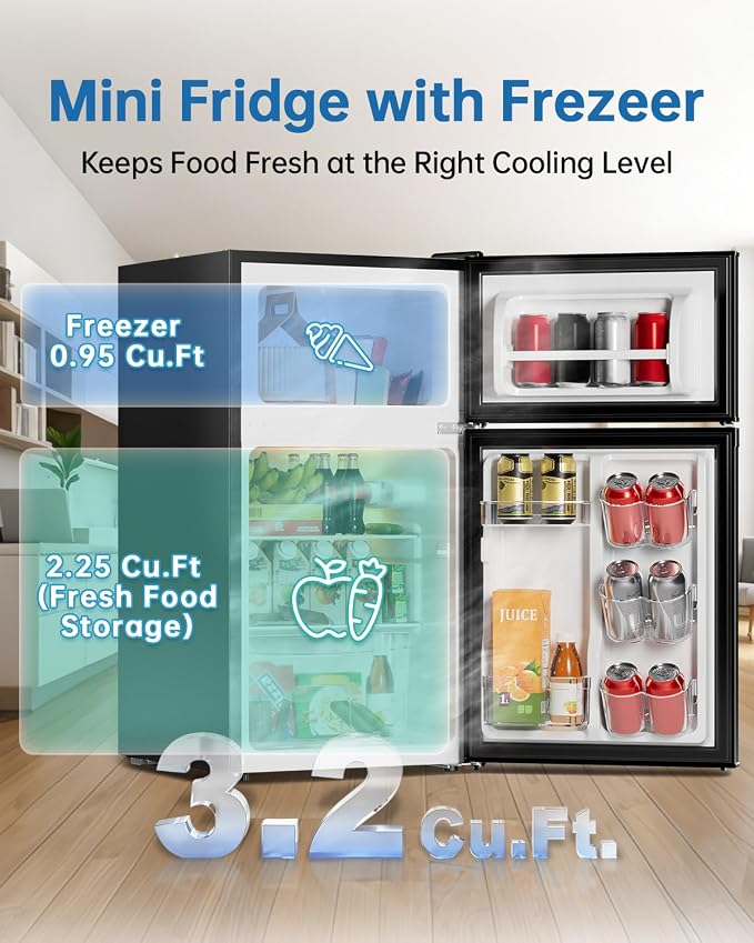 3.2 Cu Ft Mini Fridge with Freezer, Double Door Upright Freezer | Energy Efficient, Glass Shelves, Interior Light, ETL Certified, Compact Small Refrigerator for Bedroom, Office & Dorm, Black