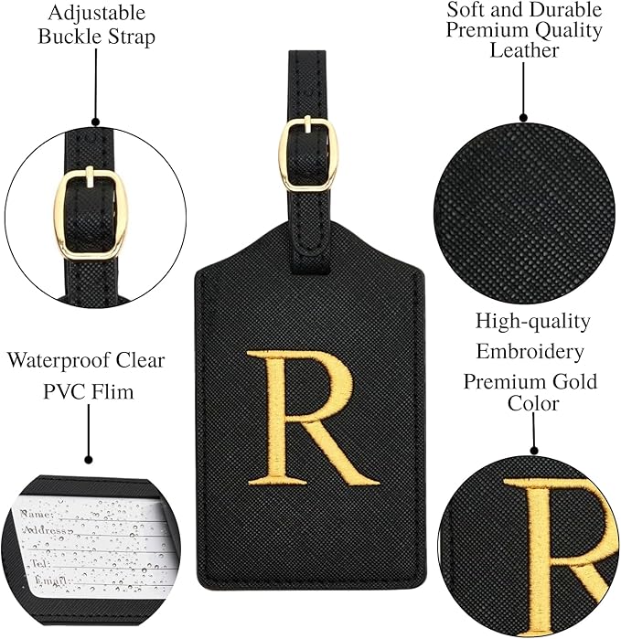 Luggage Tag PU Leather for Suitcase Baggage Handbag Travel Bag Label Suitcase Tag Label Tag w. Name Card & Privacy Cover (R)