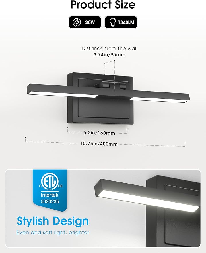 VOLISUN Bathroom Vanity Light 15.7 inch, 5CCT Dimmable, 20W LED Bathroom Light Fixture Over Mirror, Black Bar Vanity Light for Bathrooms Mirror Cabinets-ETL Certificated