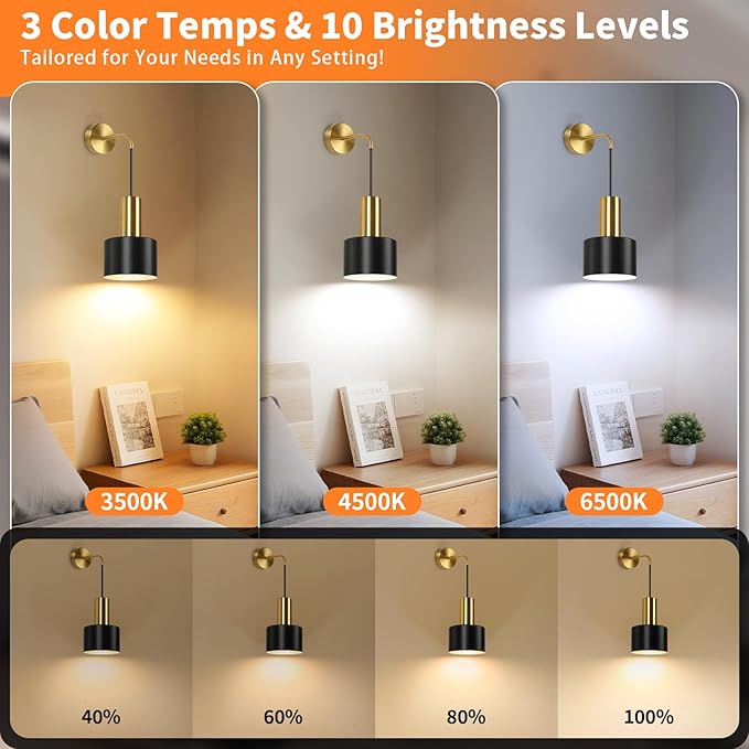 VerRon Rechargeable Battery Operated Wall Sconce Set of Two, Gold & Black Wireless Battery Powered Lights with Dimmable Detachable Bulbs & Remote, Modern Sconces Wall Decor for Bedroom Living Room