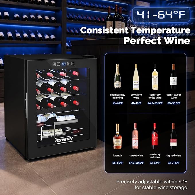 ROVSUN 16 Bottle Wine Cooler Refrigerator, Freestanding Compressor Wine Chiller, Beverage Wine Fridge with Digital Temperature Control & Double-layer Glass Door for Red White Wine, Champagne, Beer