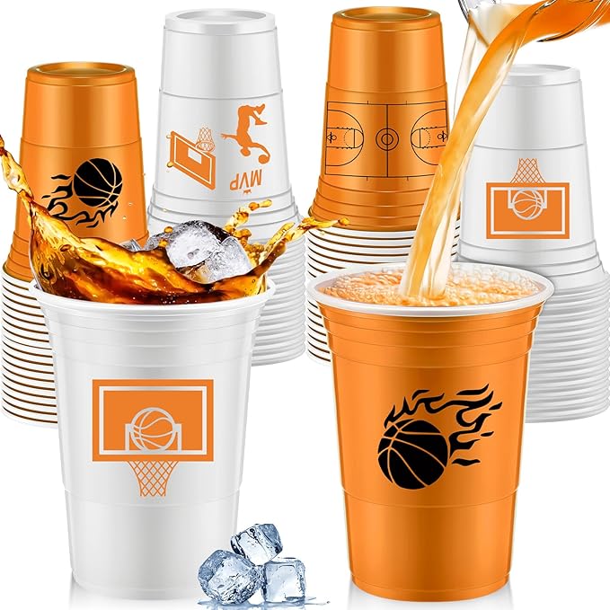 Norme 48 Pcs Basketball Party Supplies - 16 oz Thick Plastic Disposable Cup for Hot/Cold Drinks, Wine, Coffee - Themed Holiday Party Supplies & Favors