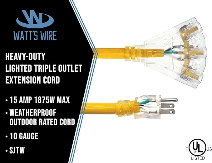 50 ft 10 Gauge Extension Cord - Outdoor Extension Cord Waterproof - Heavy Duty Outdoor Extension Cords 50 ft with Multiple Outlets - Watts Wire - 50' Grounded - extensiones electricas