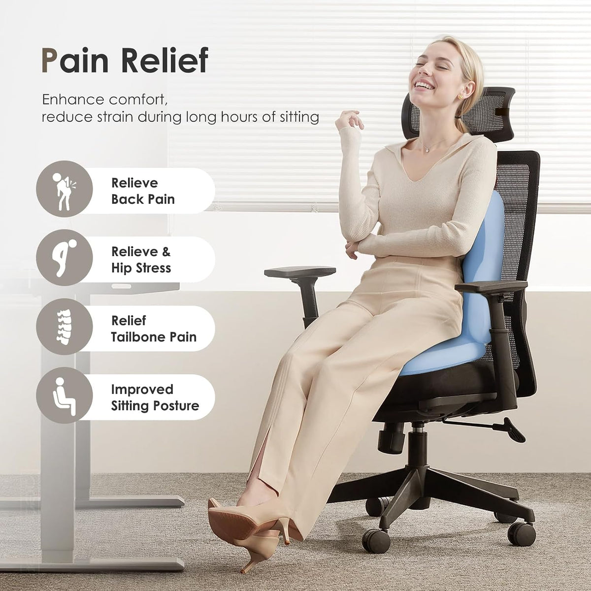 FLORICH Car Seat Cushion and Back Support for Car Ultrathick Memory Foam Office Chair Cushions with Lumbar Support Pillow for Sciatica & Back & Tailbone Pain Relief (Dark Blue)
