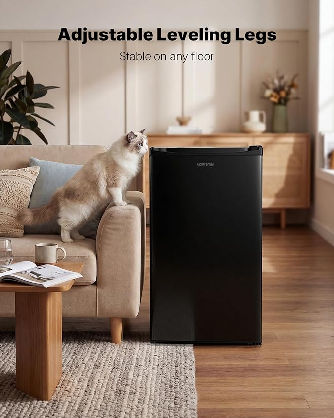 Upstreman 3.2 Cu.Ft Mini Fridge with Freezer, Black-BR321 | Adjustable Thermostat, Energy Saving, Low Noise, Reversible Door, Small Refrigerator for Dorm, Bedroom, Office