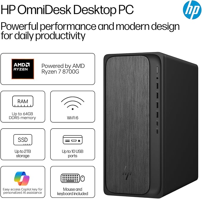 HP OmniDesk M02 Tower Desktop for Professionals, AMD Ryzen 7 8700G Performance for Productivity & Multitasking, 16GB DDR5 RAM, 512GB SSD, W11P, Wireless KB & M, Bundle with ADATA 64GB USB Flash Drive