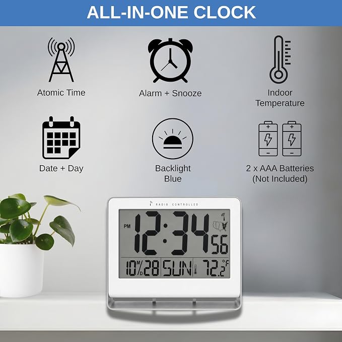Atomic Digital Wall Clock, Battery-Operated, Large 2" LCD Numbers, Self-Setting