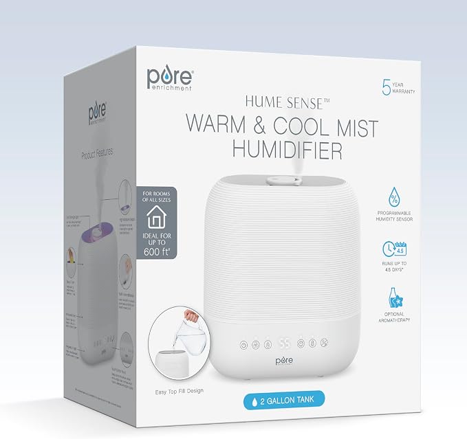 Pure Enrichment HUME Sense Warm & Cool Mist Top-Fill Humidifier, 2-Gal Tank, Up to 4.5 Days, Auto Humidity Sensor, 3 Mist Levels, Night Light, Aromatherapy, Sleep Mode & Auto Shut-Off