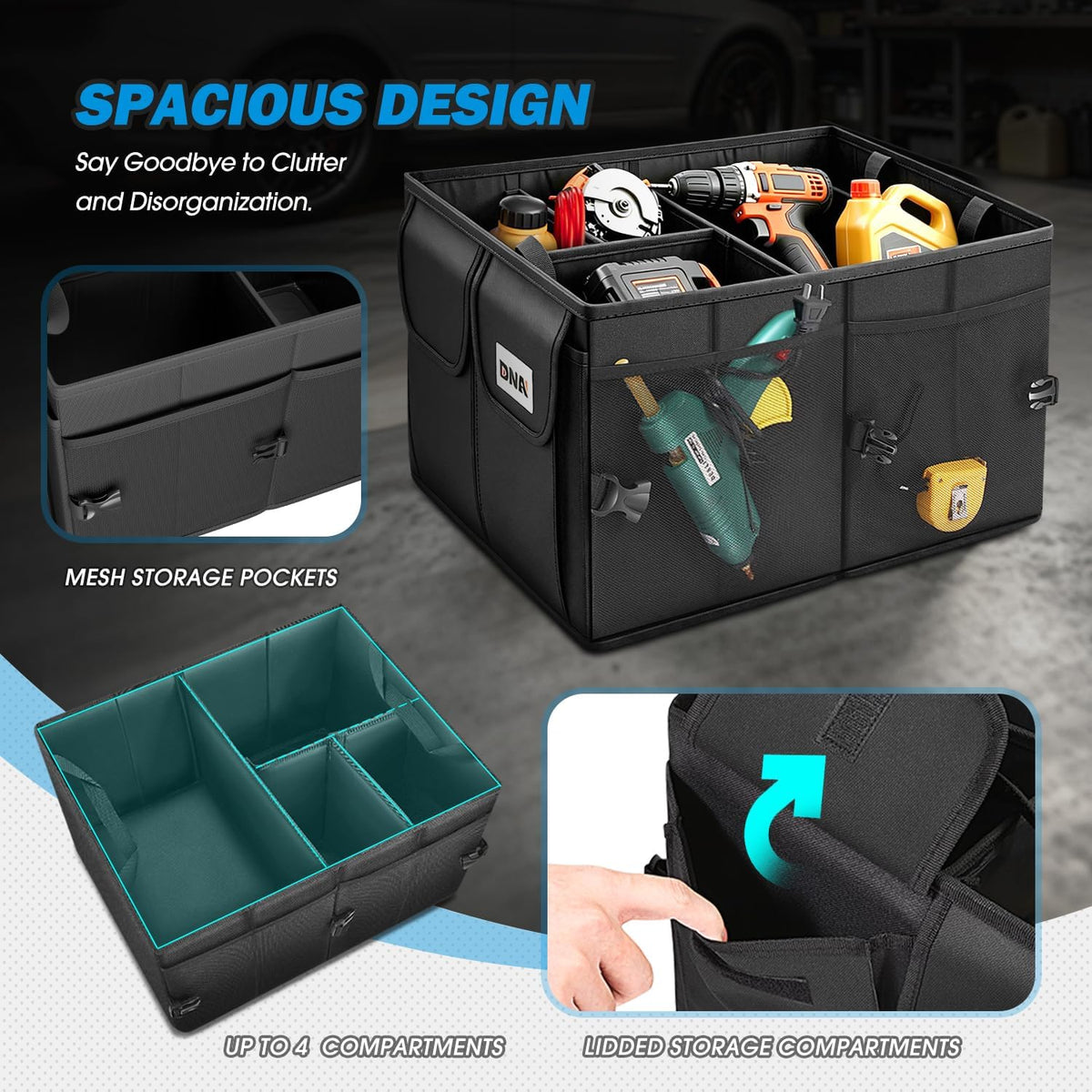 DNA Motoring Trunk Organizer for SUV, Large Capacity Car Organizer and Storage with 4 Compartment, Foldable Trunk Organizer for Car, 60L Black