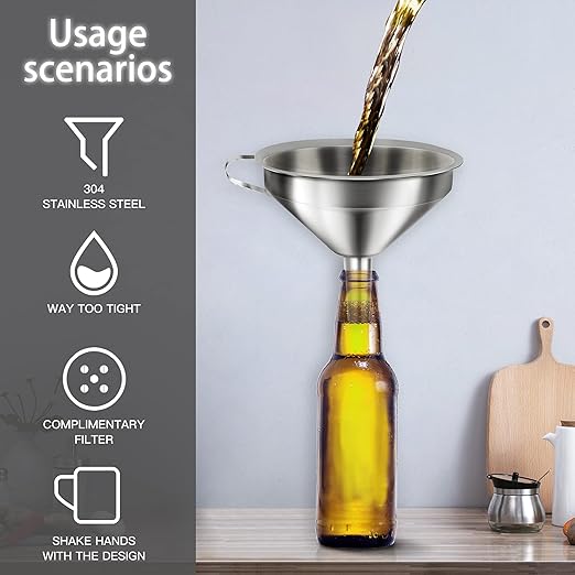 Stainless Steel Funnels for Kitchen Use, Kitchen Metal Funnel Set with Strainer Stainless Steel Funnels for Filling Bottles, Food Grade Funnel Set of 3 Transfer for Liquids Spices