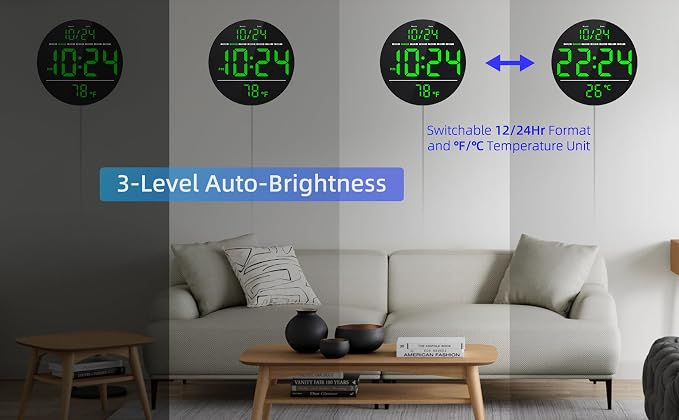 Digital Wall Clock with Large LED Display, Temperature, Auto-Brightness | Small