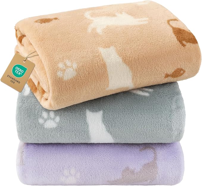Luciphia 1 Pack 3 Blankets, Cute Cat Printed Fluffy Fleece Pet Blanket for Dogs Cats Washable, Warm Soft Throw Cover for Crate Couch, Gifts Puppy Essentials,Purple/Grey/Khaki, Small (23x16 inch)