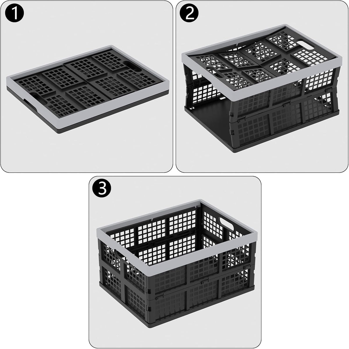 Collapsible Milk Crate, Black, 3PK 30L Stackable Containers Folding Crates, Heavy Duty Plastic Collapsible Storage Bins for Multi Purposes