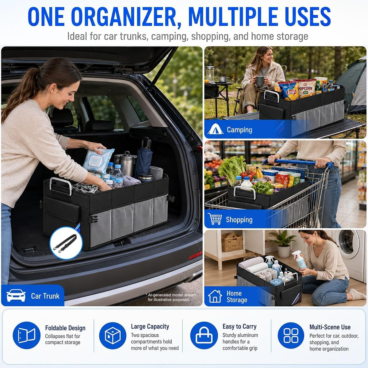 Car Trunk Organizer, Portable, Collapsible, Waterproof, Oxford Cloth, Aluminum Handle, Ideal for SUVs, Cars, Camping, Storage
