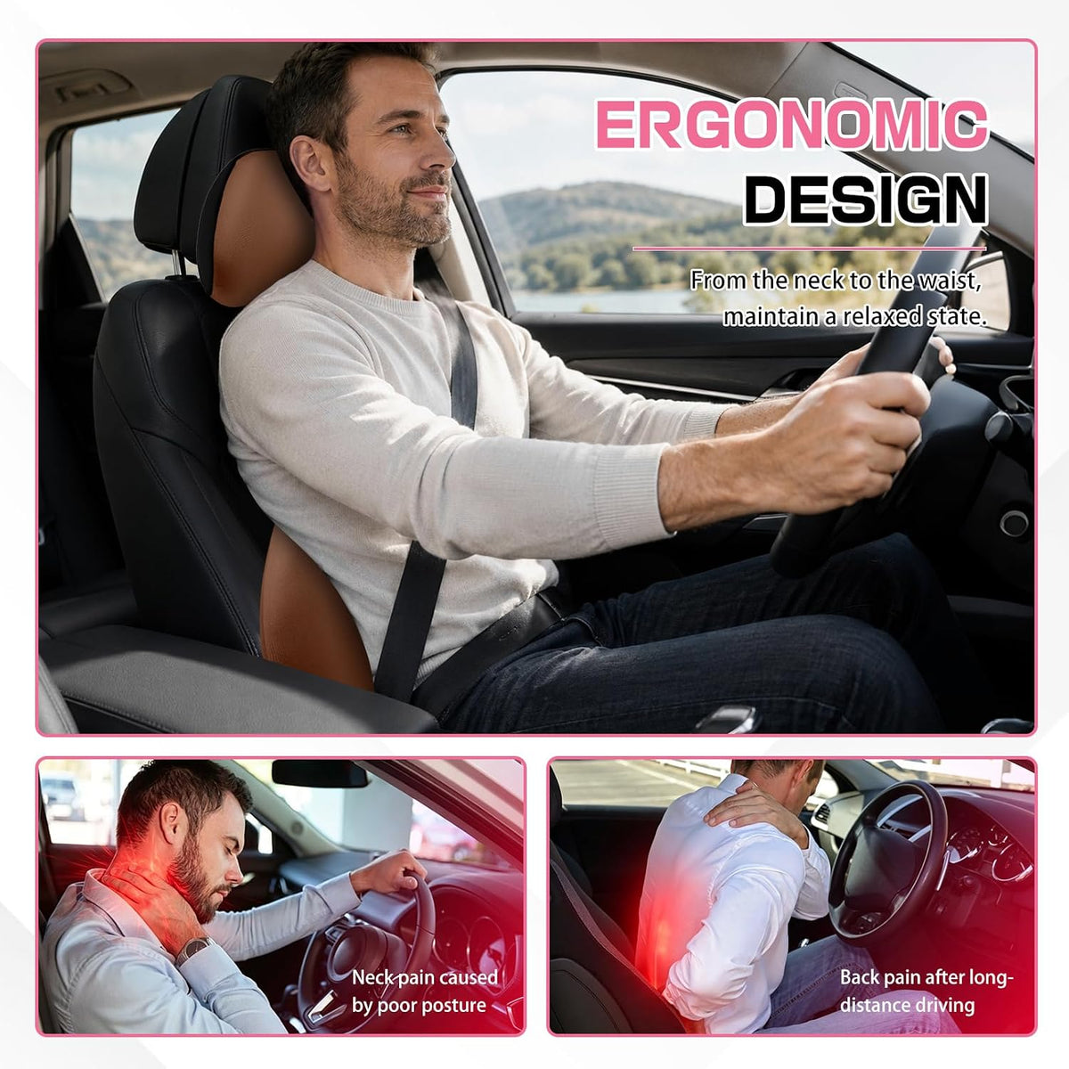 2PCS Car Neck Pillow and Lumbar Support Pillow Set, Ergonomic Memory Foam Back & Neck Support Pillows for Car Seat, Office Chair, Driver Head & Back Cushion and Pain Relief (Coffee)