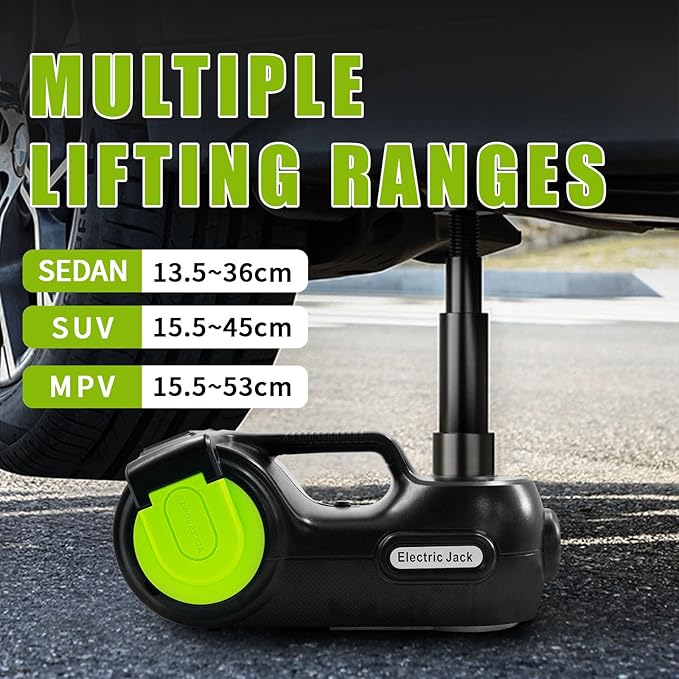 E-HEELP Electric Car Jack Kit 5 ton 12V Hydraulic Car Jack Lift (Lifting Range: 5.3-14.17inches) with Impact Wrench Inflator Pump for Car SUV Sedan MPV, LCD Display and Tire Pressure Monitor