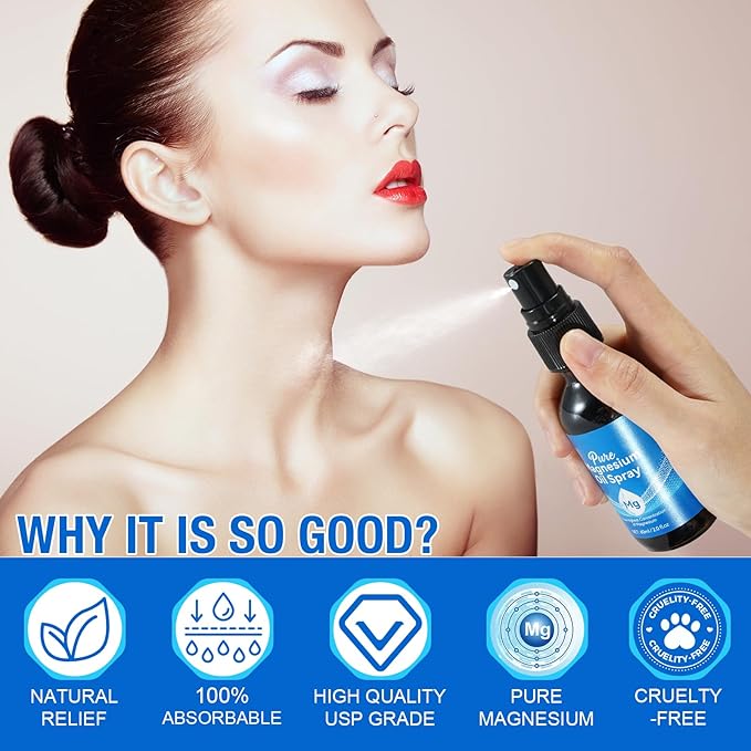 Magnesium Spray, Pure Magnesium Oil Spray for Feet, Natural Organic Ingredient in Glass Bottle, Easy to Absorb and Use (60ML)