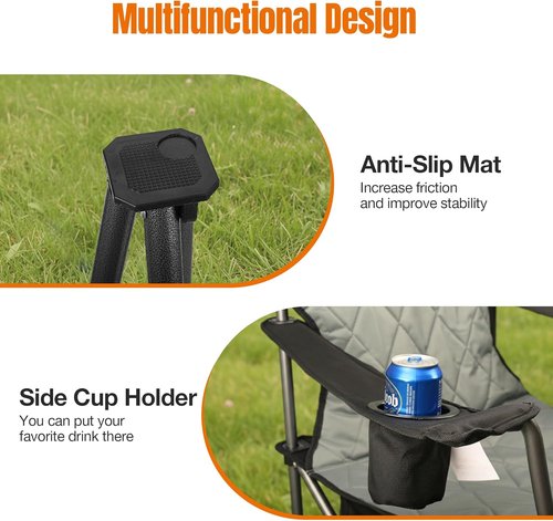 Heavy Duty Camping Chair - 350LBS Capacity | Portable Folding Chair with Cooler Bag & Cup Holder - Black
