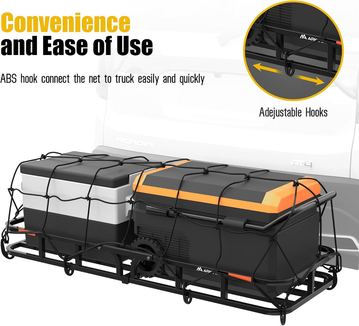 ARKSEN 51" x 19" Heavy Duty Tangle-Free Nylon Cargo Net(4.7" x 4.7" Mesh), Universal Bungee Net for Pickup, Trucks, SUV, Roof Racks, and Travel Luggage Racks